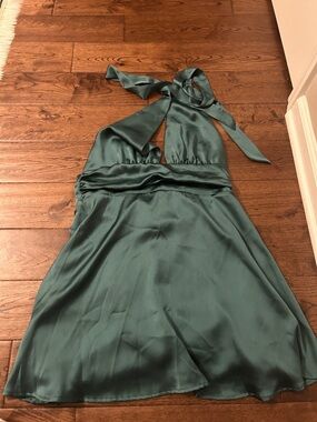 Women's Emerald Green Satin Halter Mini Dress